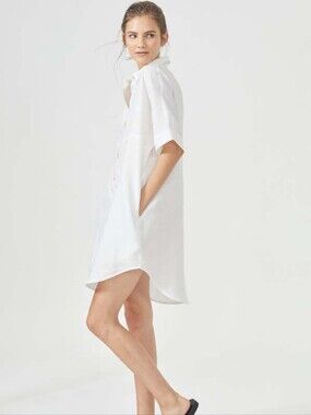 Lanhtropy Alba 100% Linen Shirt Dress Pockets Tan S/M Oversized Pockets Resort